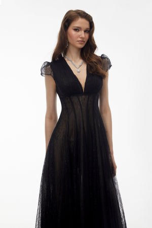 Aurohaya Radiya Black Floral Lace Pleated Maxi Dress