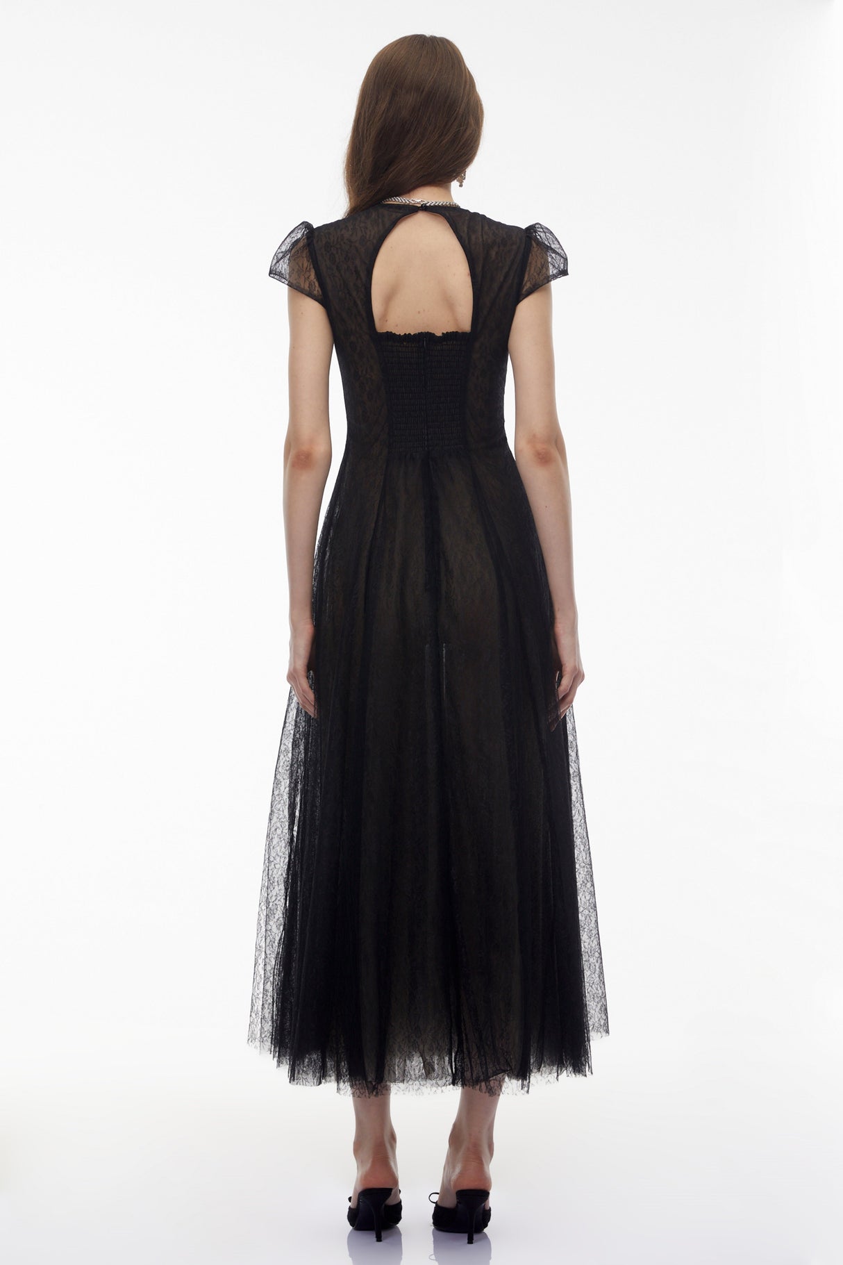 Aurohaya Radiya Black Floral Lace Pleated Maxi Dress