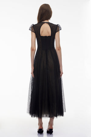 Aurohaya Radiya Black Floral Lace Pleated Maxi Dress