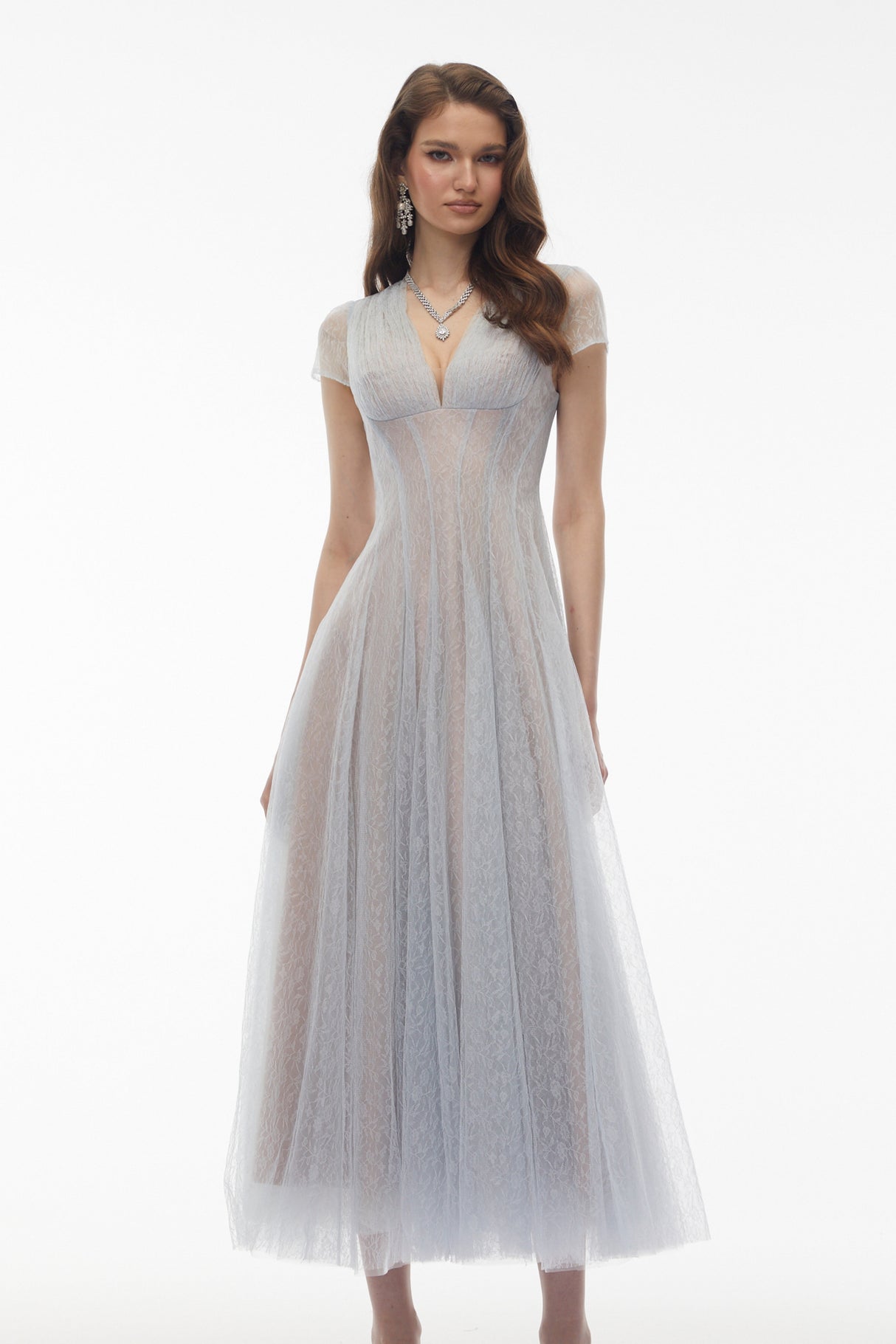 Aurohaya Radiya Blue Floral Lace Pleated Maxi Dress