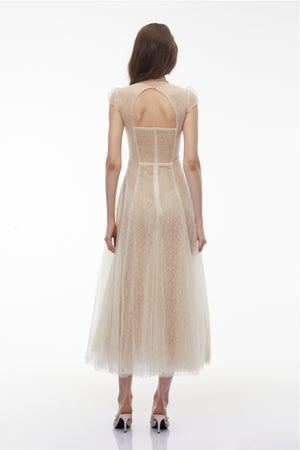 Aurohaya Radiya Cream White Floral Lace Pleated Maxi Dress