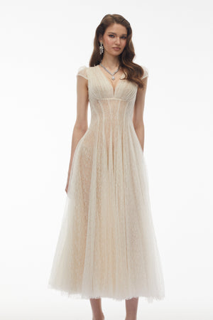 Aurohaya Radiya Cream White Floral Lace Pleated Maxi Dress
