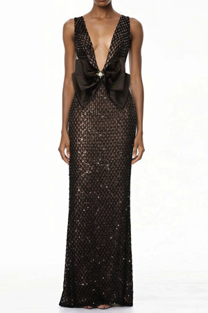 Aurohaya Raelynn Black Deep V-Neck Bodycon Maxi Dress