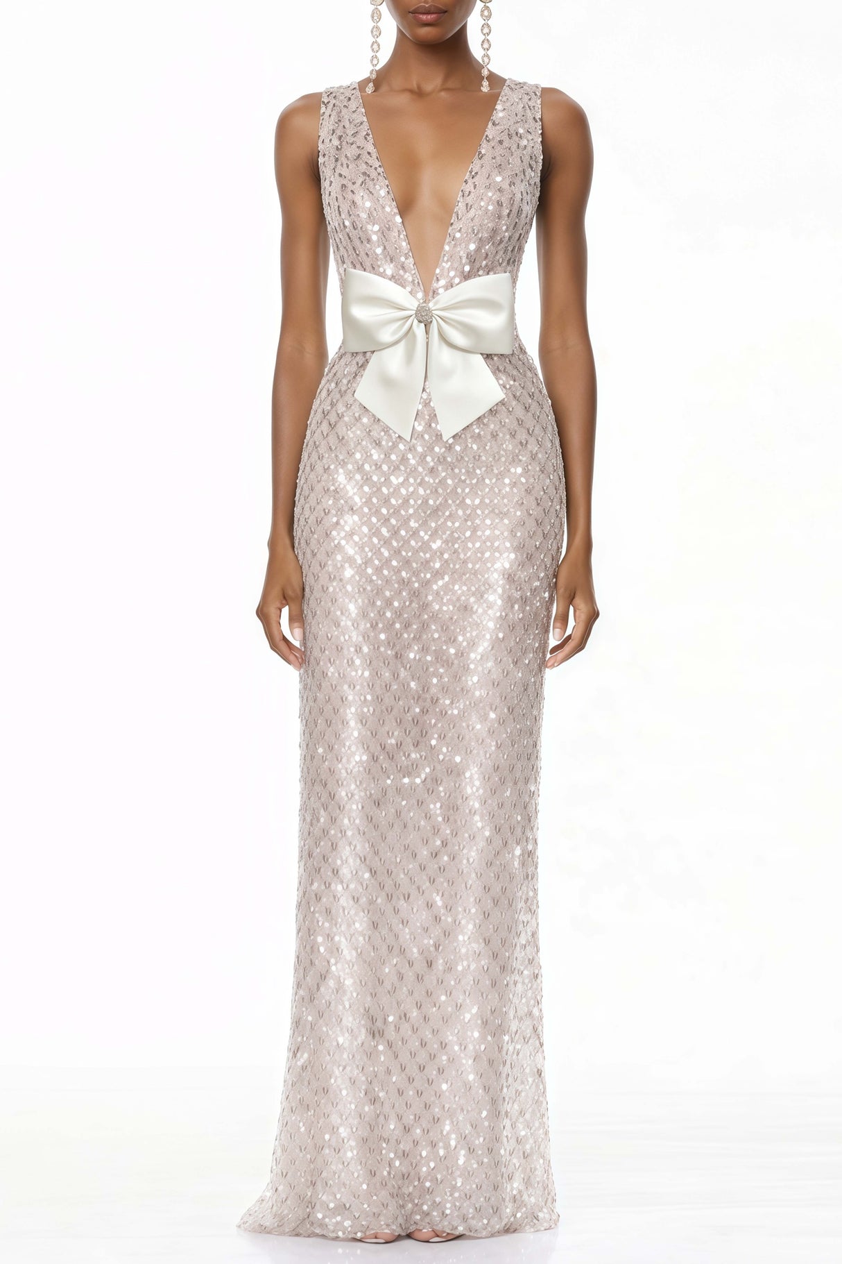 Aurohaya Raelynn White Deep V-Neck Bodycon Maxi Dress