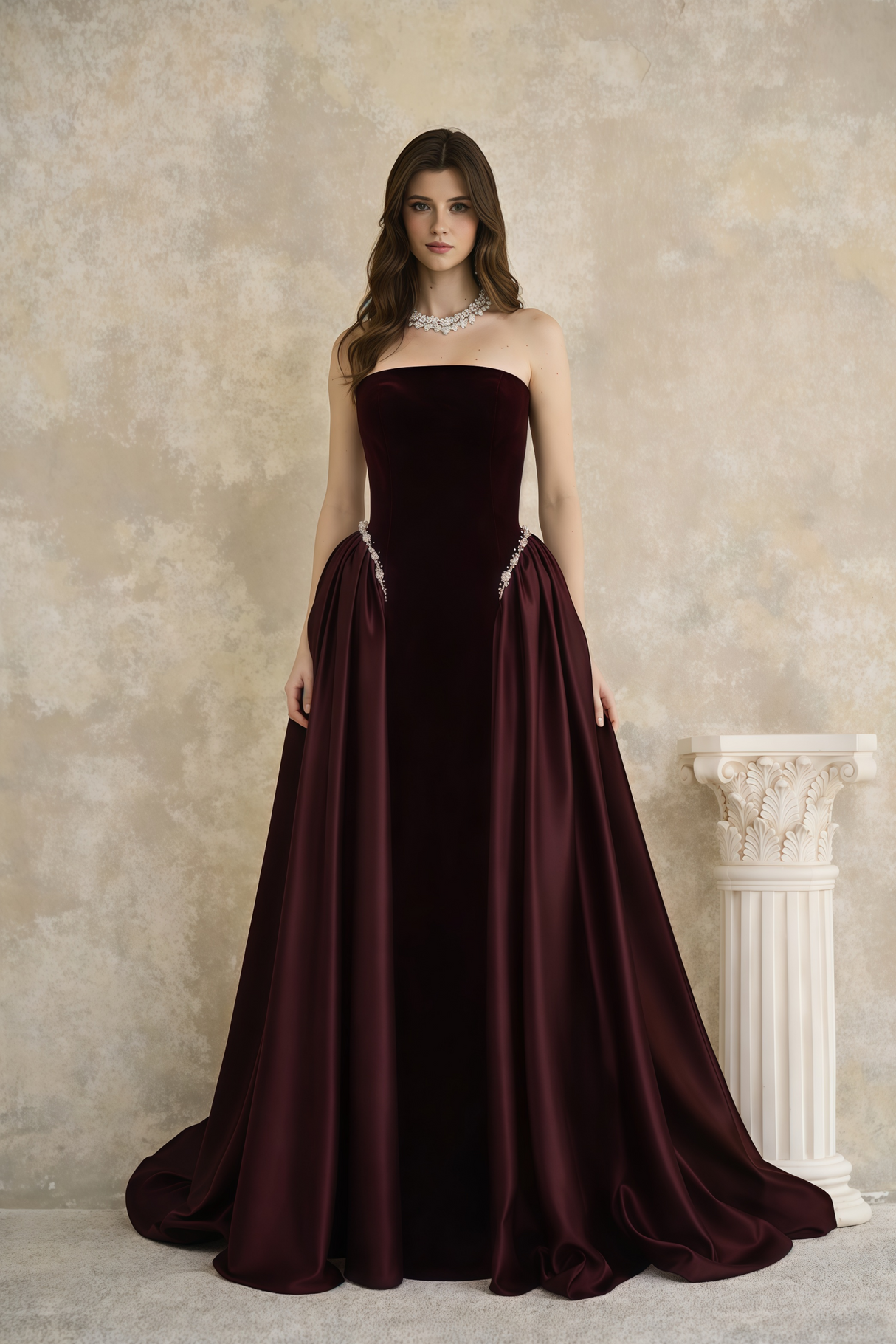 Aurohaya Raffaella Burgundy Pearl Trim Maxi Gown