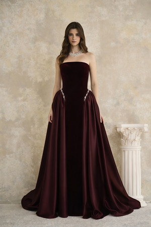 Aurohaya Raffaella Burgundy Pearl Trim Maxi Gown