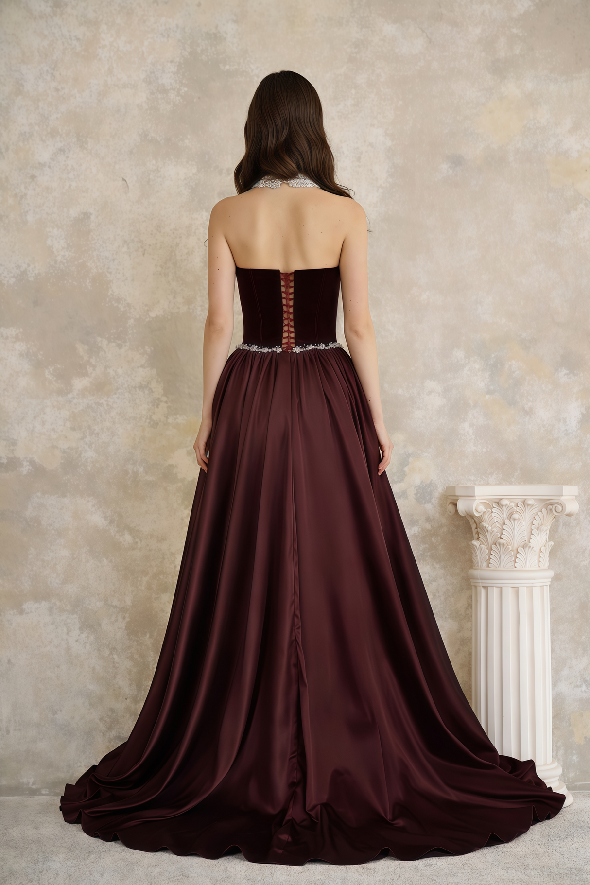 Aurohaya Raffaella Burgundy Pearl Trim Maxi Gown
