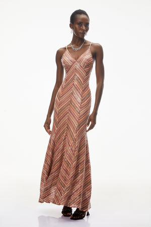 Aurohaya Raisa Red Striped Pattern Maxi Dress