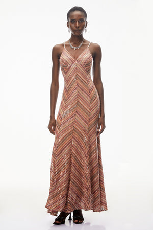 Aurohaya Raisa Red Striped Pattern Maxi Dress