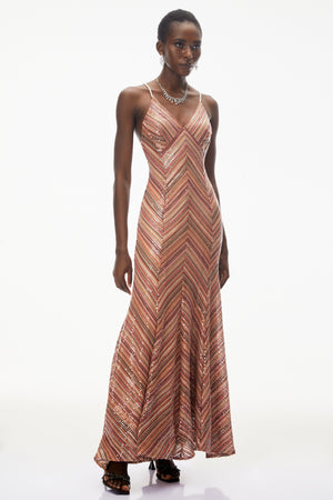 Aurohaya Raisa Red Striped Pattern Maxi Dress