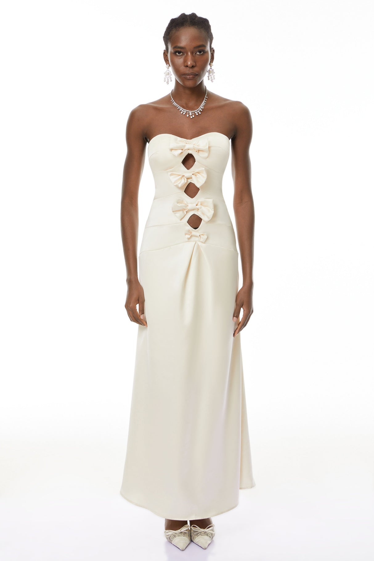 Aurohaya Ramona White Cut-Out Bow Pleated Maxi Dress