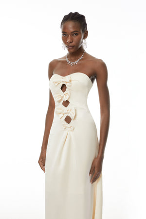 Aurohaya Ramona White Cut-Out Bow Pleated Maxi Dress