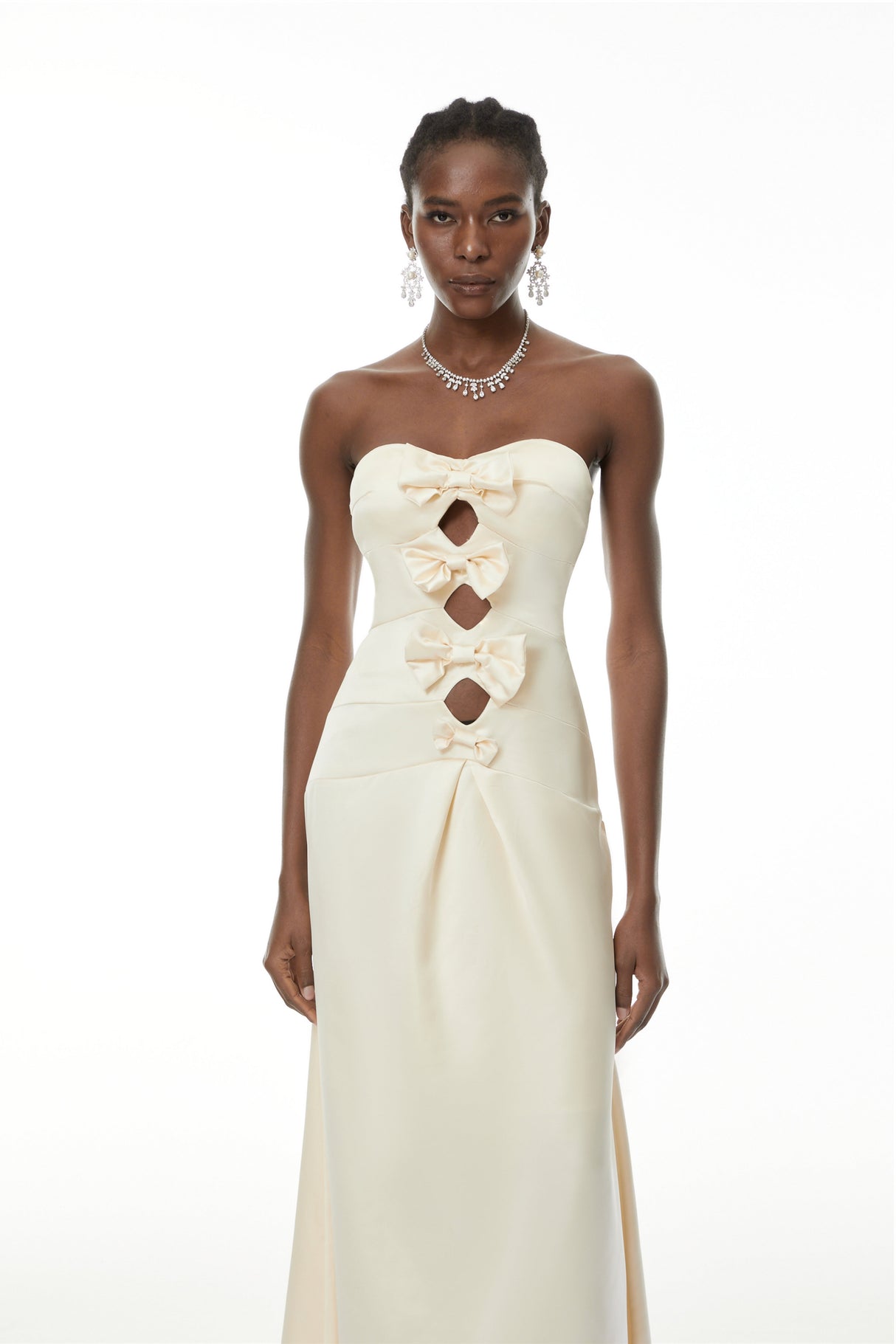 Aurohaya Ramona White Cut-Out Bow Pleated Maxi Dress