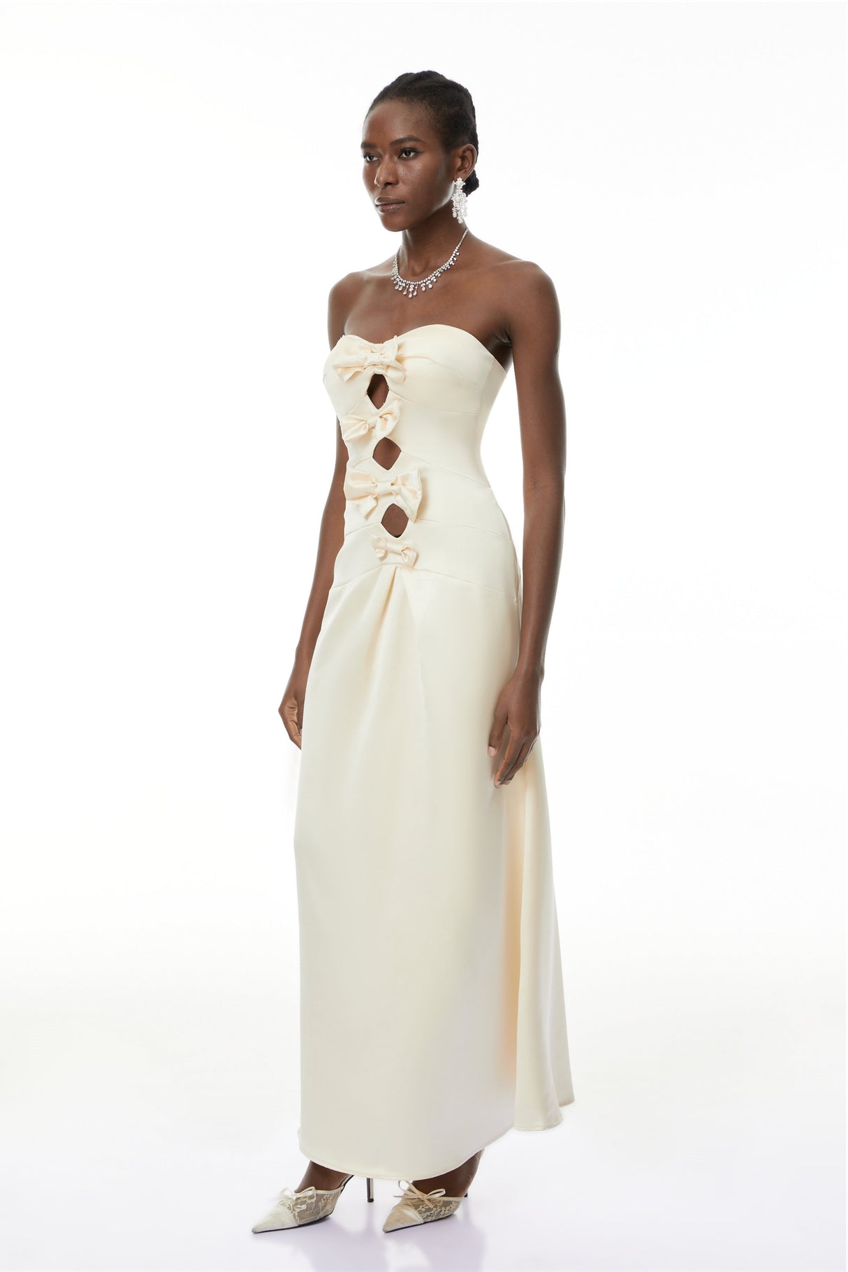 Aurohaya Ramona White Cut-Out Bow Pleated Maxi Dress