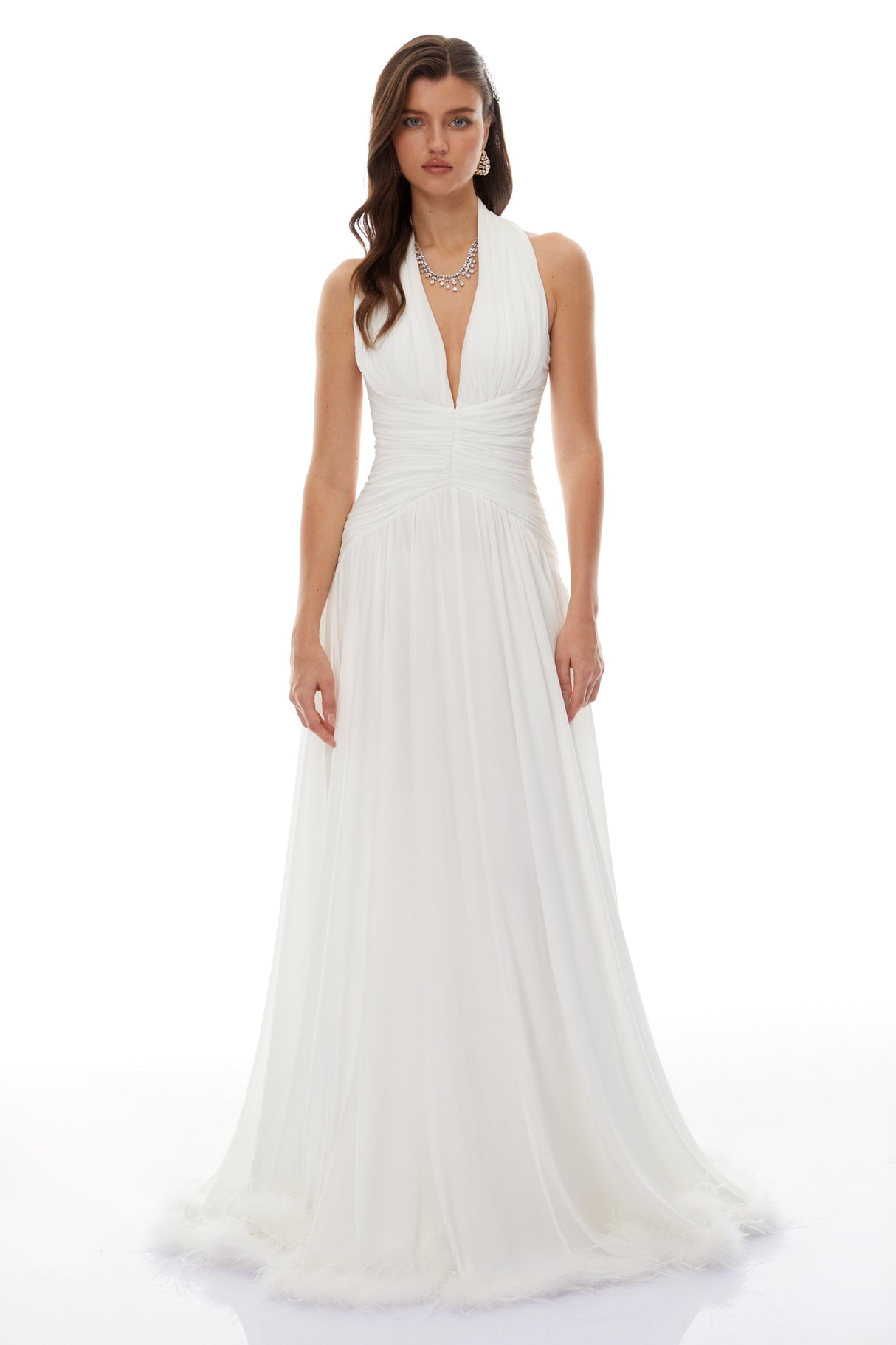 Aurohaya Ramona White Feather Hem Gathered Maxi Dress