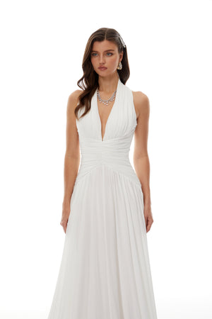 Aurohaya Ramona White Feather Hem Gathered Maxi Dress