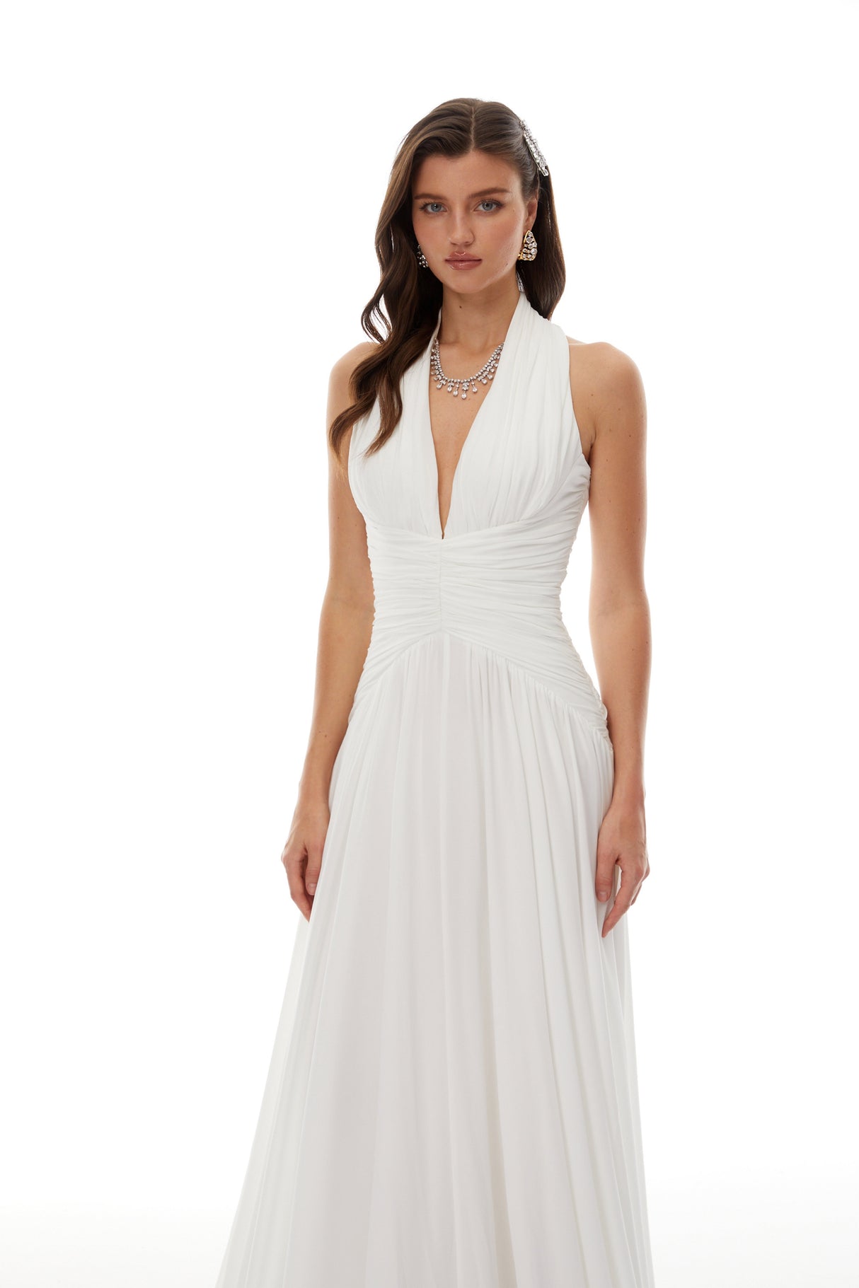 Aurohaya Ramona White Feather Hem Gathered Maxi Dress