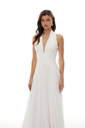 Aurohaya Ramona White Feather Hem Gathered Maxi Dress