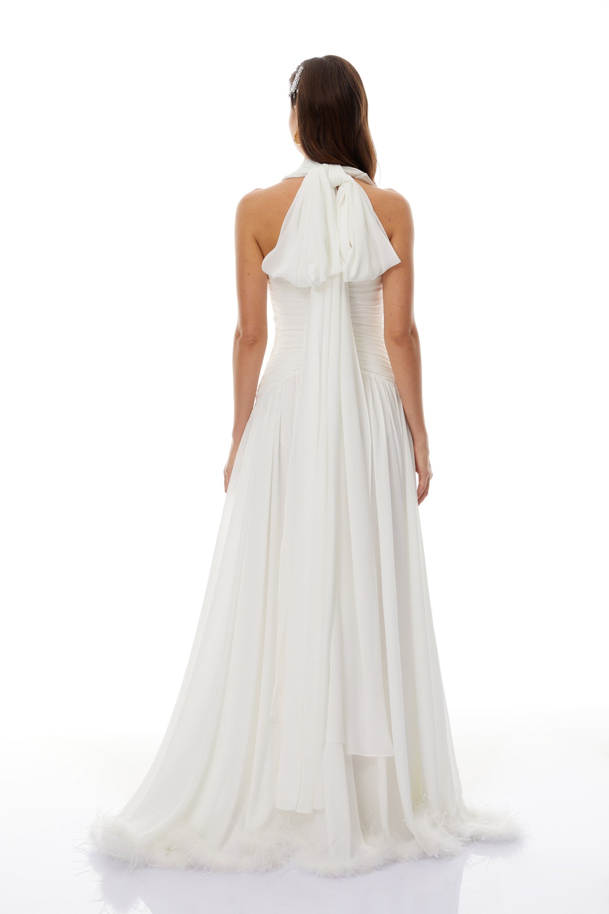 Aurohaya Ramona White Feather Hem Gathered Maxi Dress