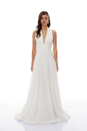 Aurohaya Ramona White Feather Hem Gathered Maxi Dress