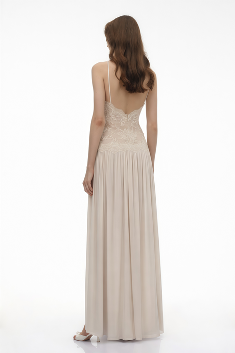 Aurohaya Reine White Pleated Maxi Dress with Lace Panels
