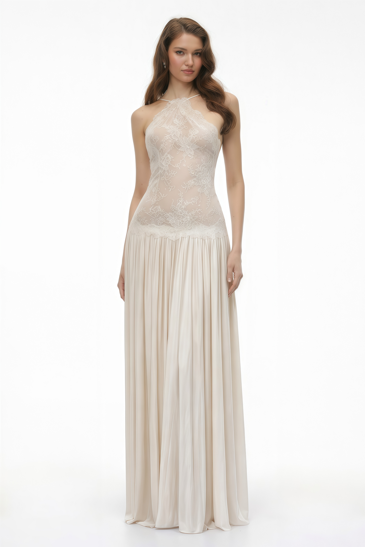 Aurohaya Reine White Pleated Maxi Dress with Lace Panels