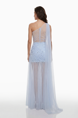 Aurohaya Renee Blue Tulle Maxi Dress with Embellishment