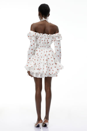 Aurohaya Renée White Strawberry Print Tiered Mini Dress