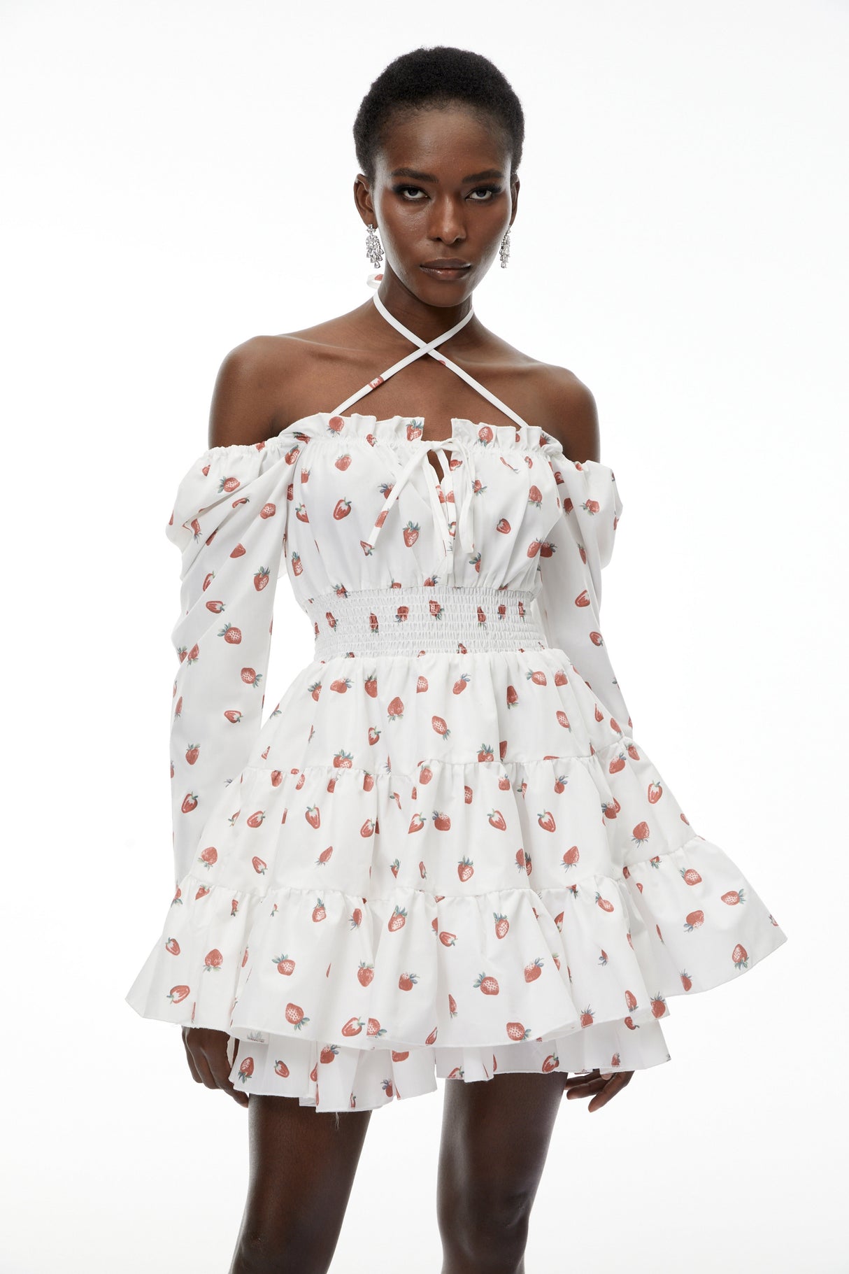 Aurohaya Renée White Strawberry Print Tiered Mini Dress