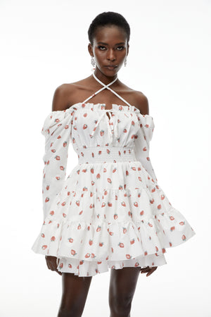 Aurohaya Renée White Strawberry Print Tiered Mini Dress