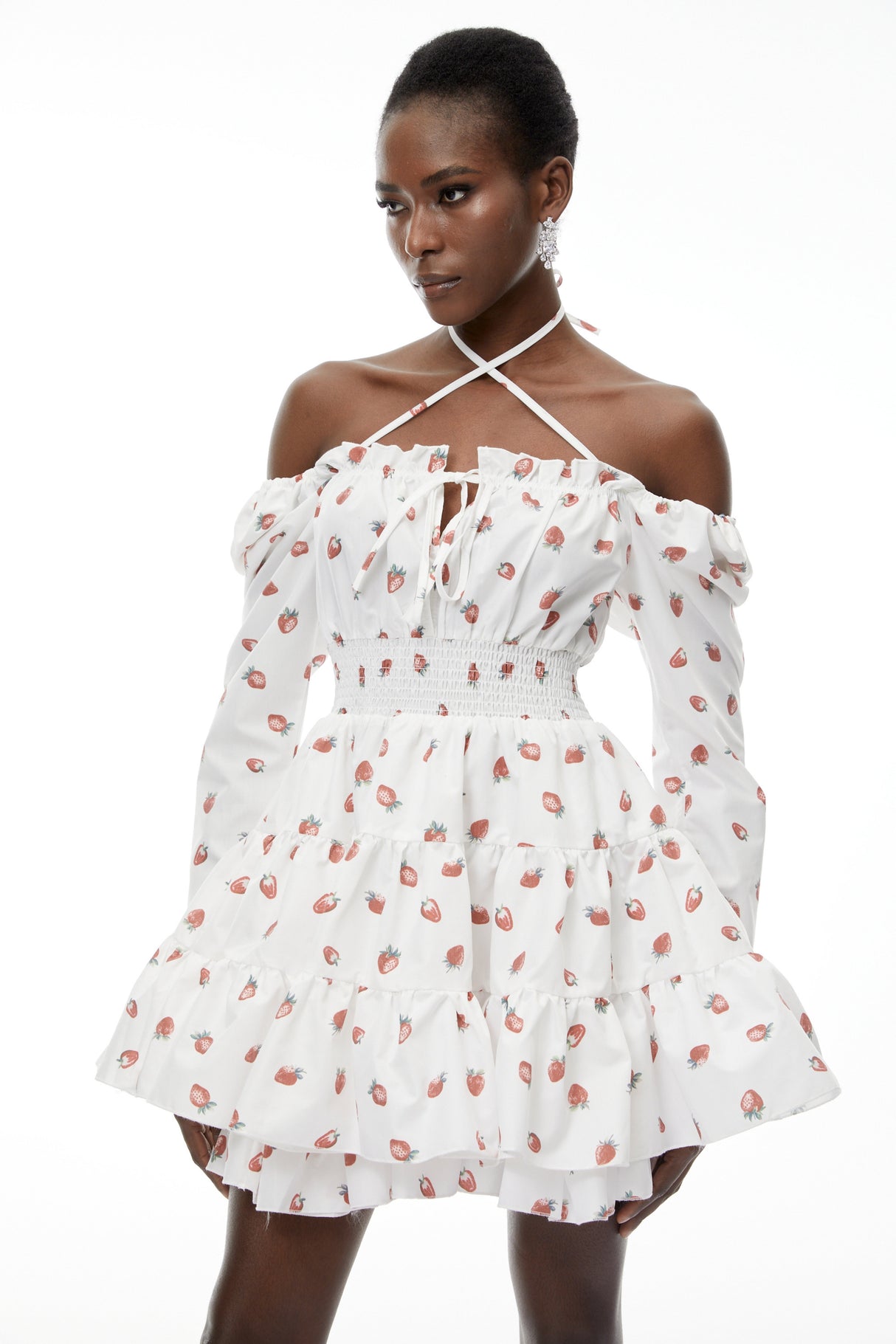 Aurohaya Renée White Strawberry Print Tiered Mini Dress