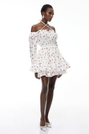 Aurohaya Renée White Strawberry Print Tiered Mini Dress
