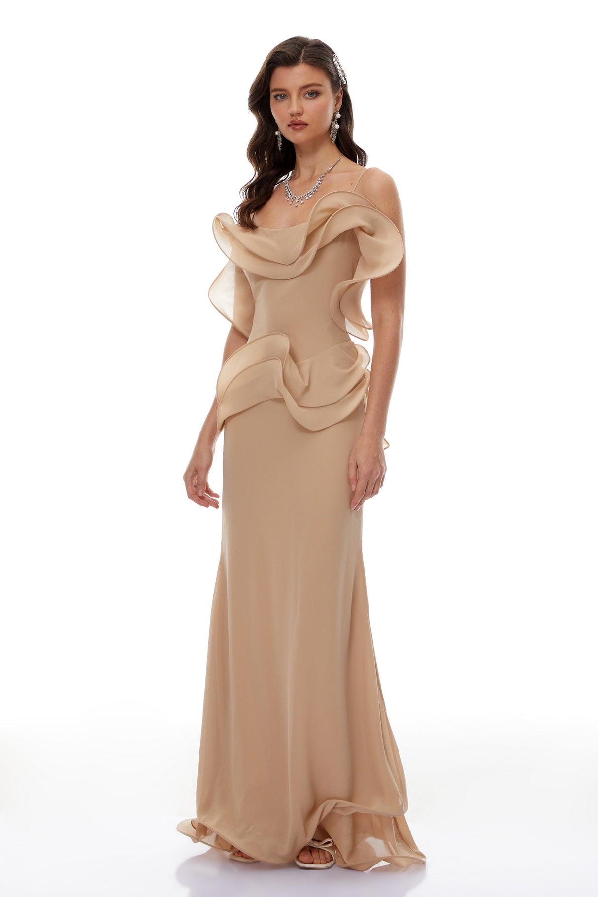 Aurohaya Retha Neutral Ruffled Corset Maxi Dress