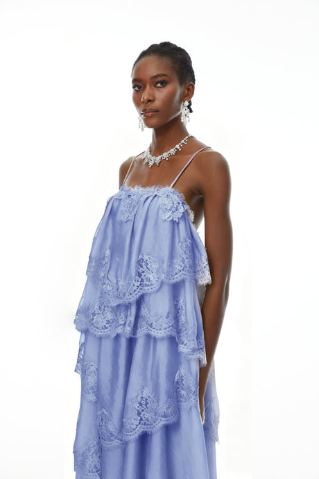 Aurohaya Rhema Blue Tiered Maxi Dress with Lace Trim