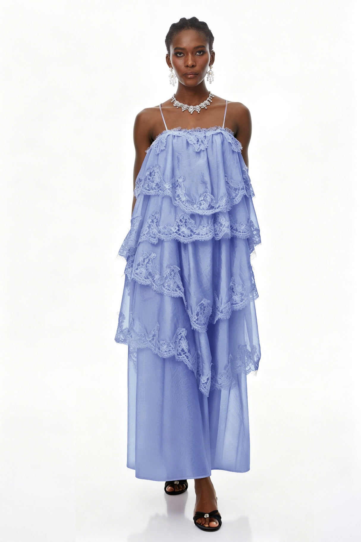 Aurohaya Rhema Blue Tiered Maxi Dress with Lace Trim