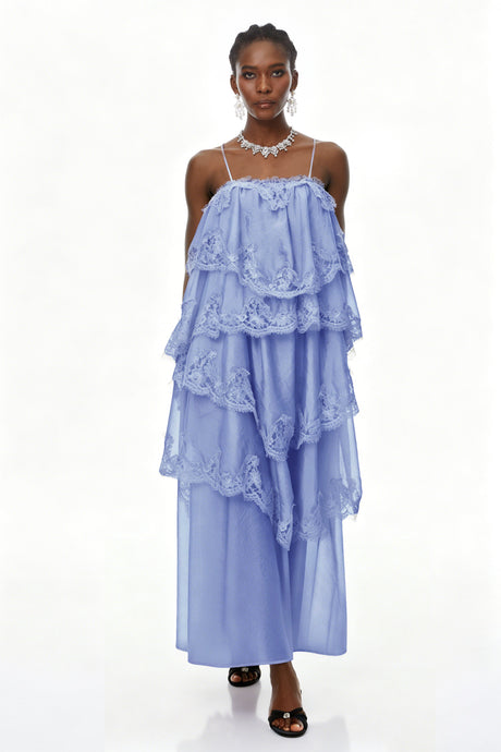Aurohaya Rhema Blue Tiered Maxi Dress with Lace Trim