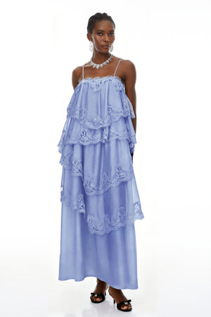 Aurohaya Rhema Blue Tiered Maxi Dress with Lace Trim
