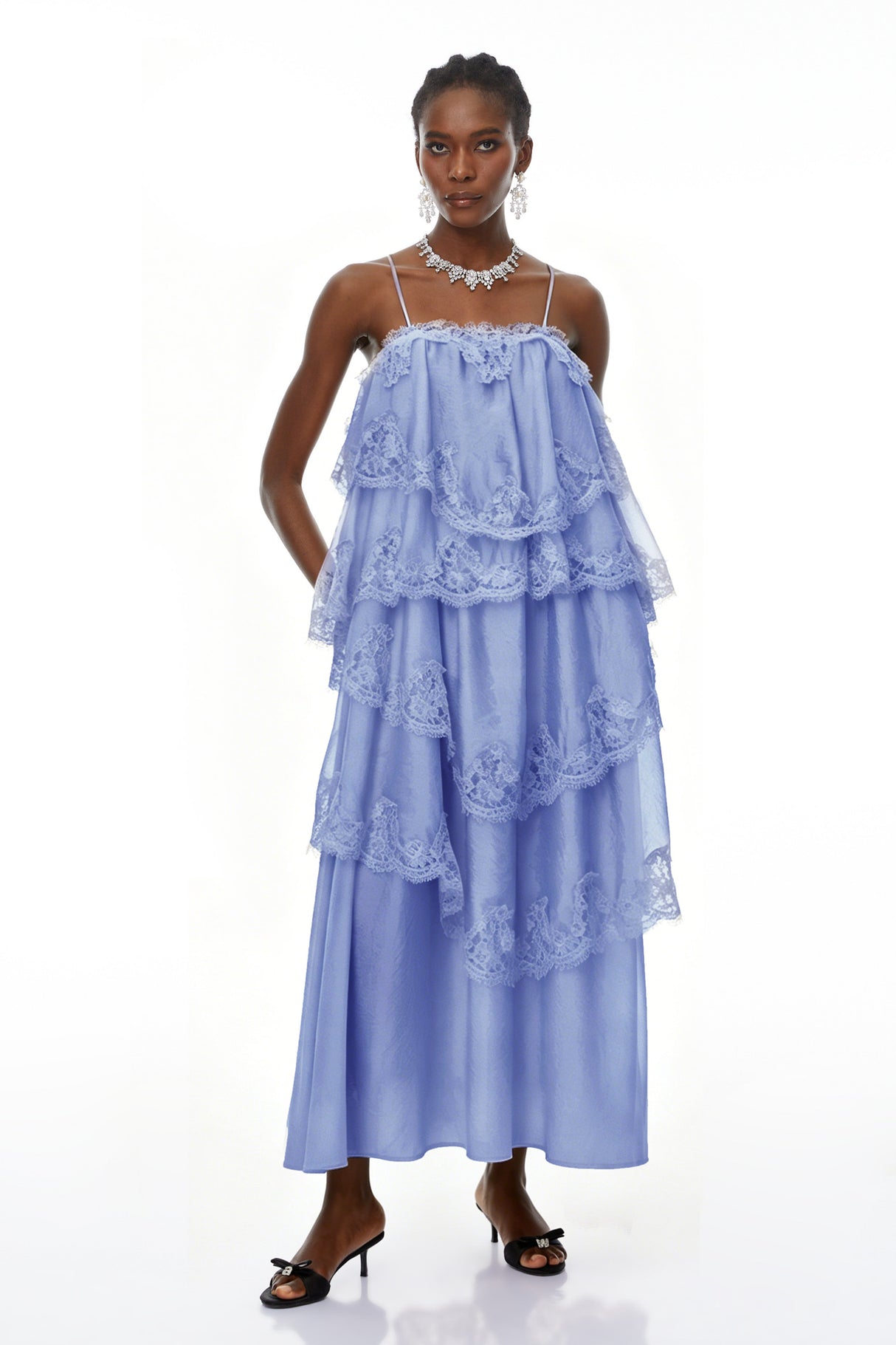 Aurohaya Rhema Blue Tiered Maxi Dress with Lace Trim