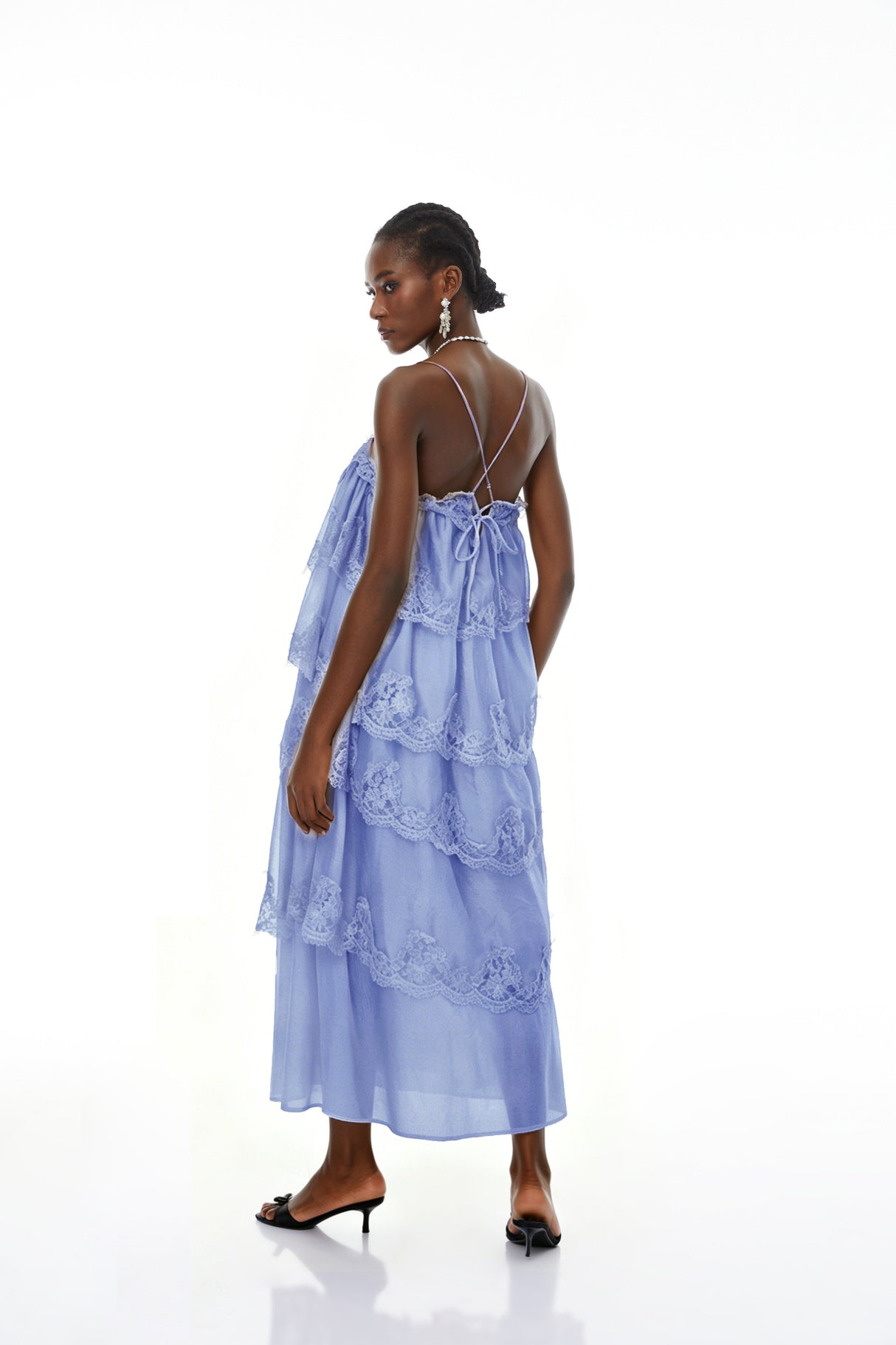 Aurohaya Rhema Blue Tiered Maxi Dress with Lace Trim