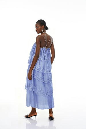 Aurohaya Rhema Blue Tiered Maxi Dress with Lace Trim