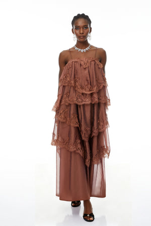 Aurohaya Rhema Chocolate Brown Tiered Maxi Dress with Lace Trim