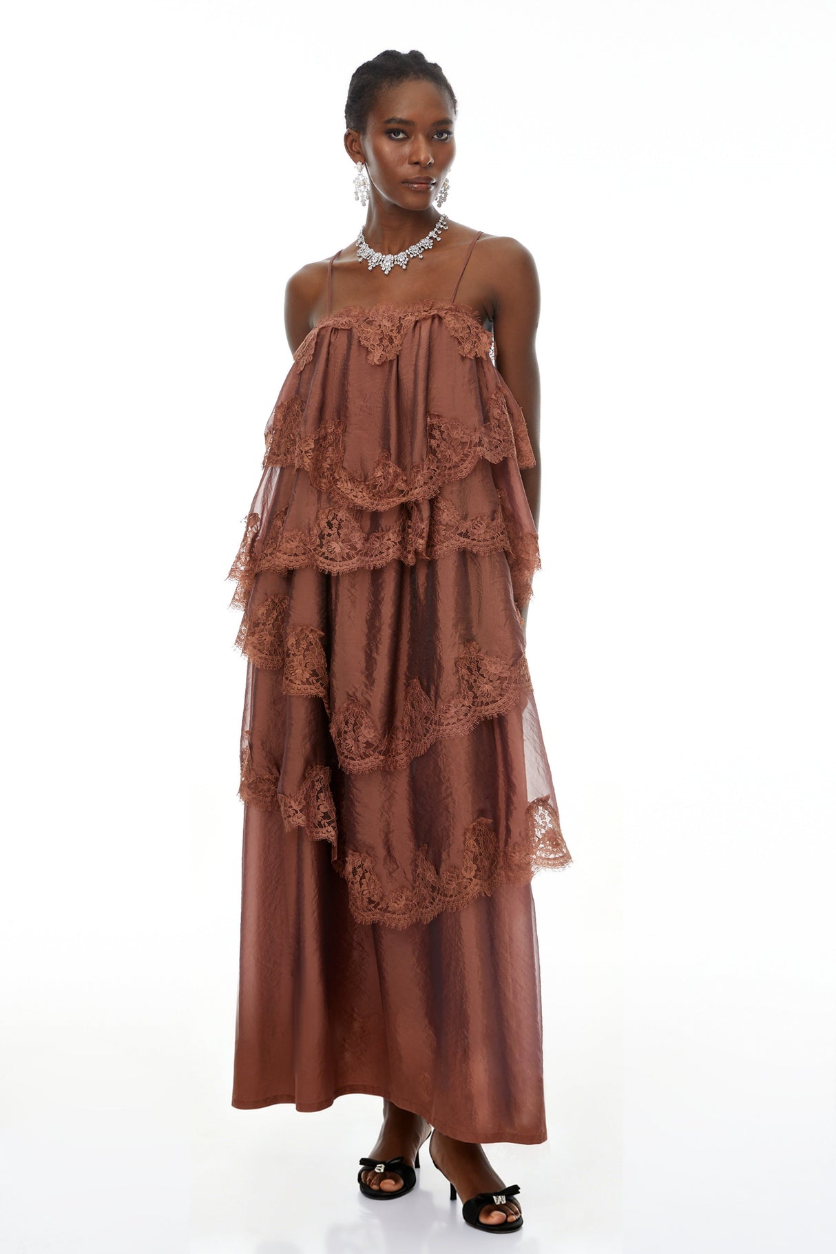 Aurohaya Rhema Chocolate Brown Tiered Maxi Dress with Lace Trim