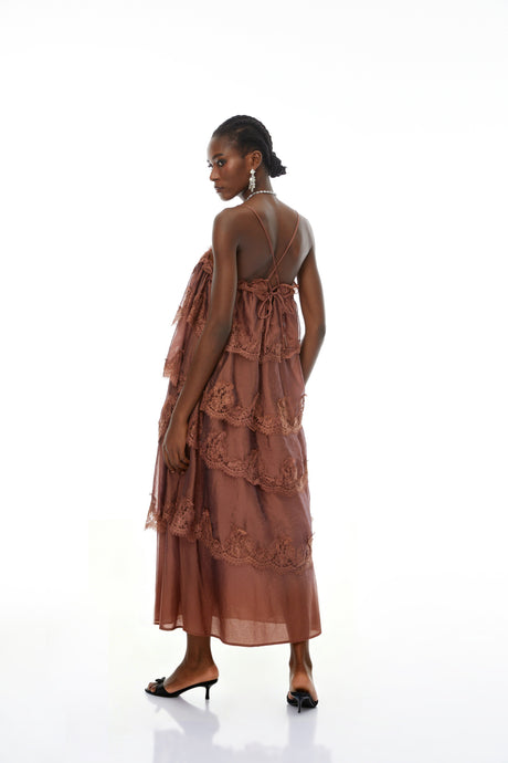 Aurohaya Rhema Chocolate Brown Tiered Maxi Dress with Lace Trim
