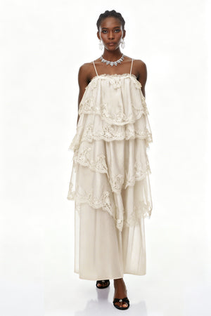Aurohaya Rhema Cream White Tiered Maxi Dress with Lace Trim