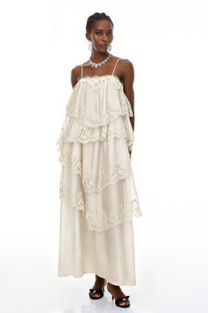 Aurohaya Rhema Cream White Tiered Maxi Dress with Lace Trim