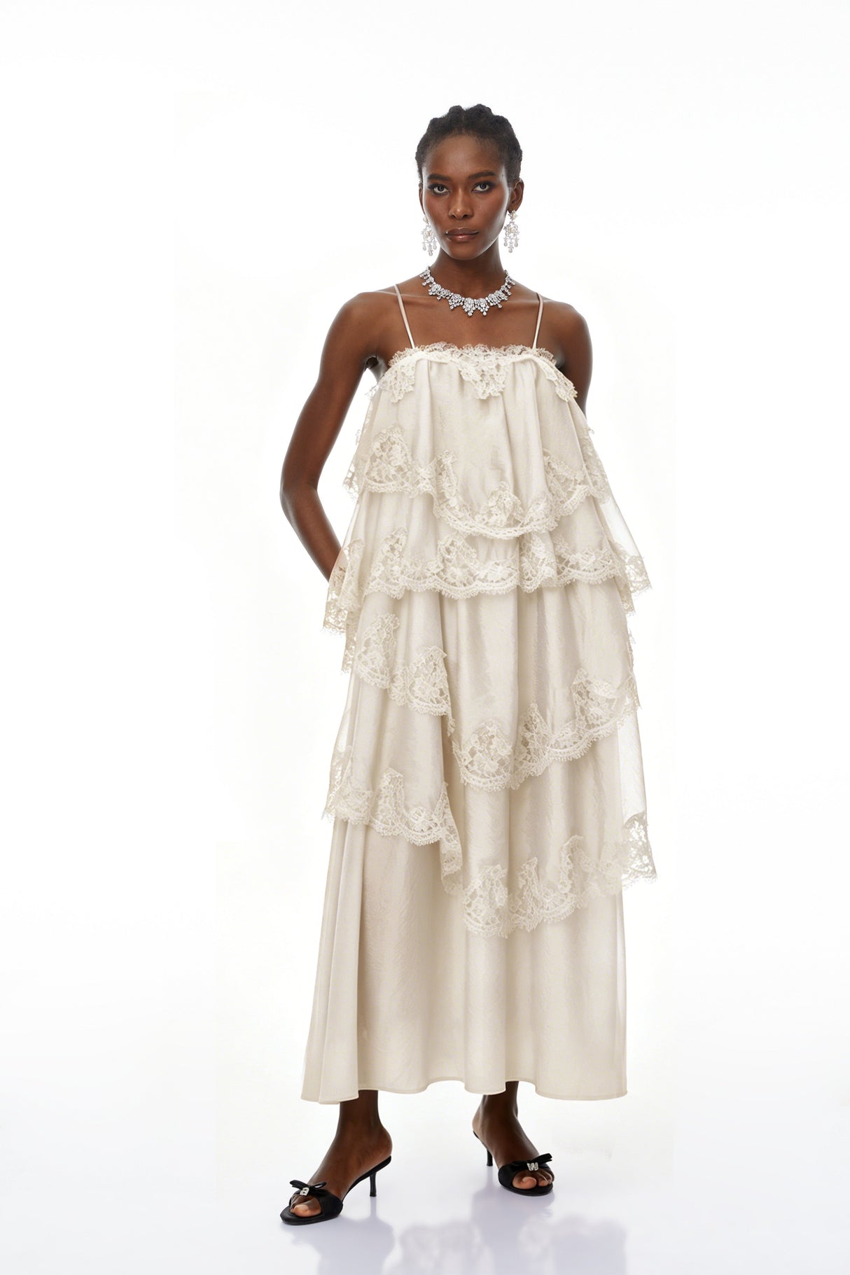 Aurohaya Rhema Cream White Tiered Maxi Dress with Lace Trim