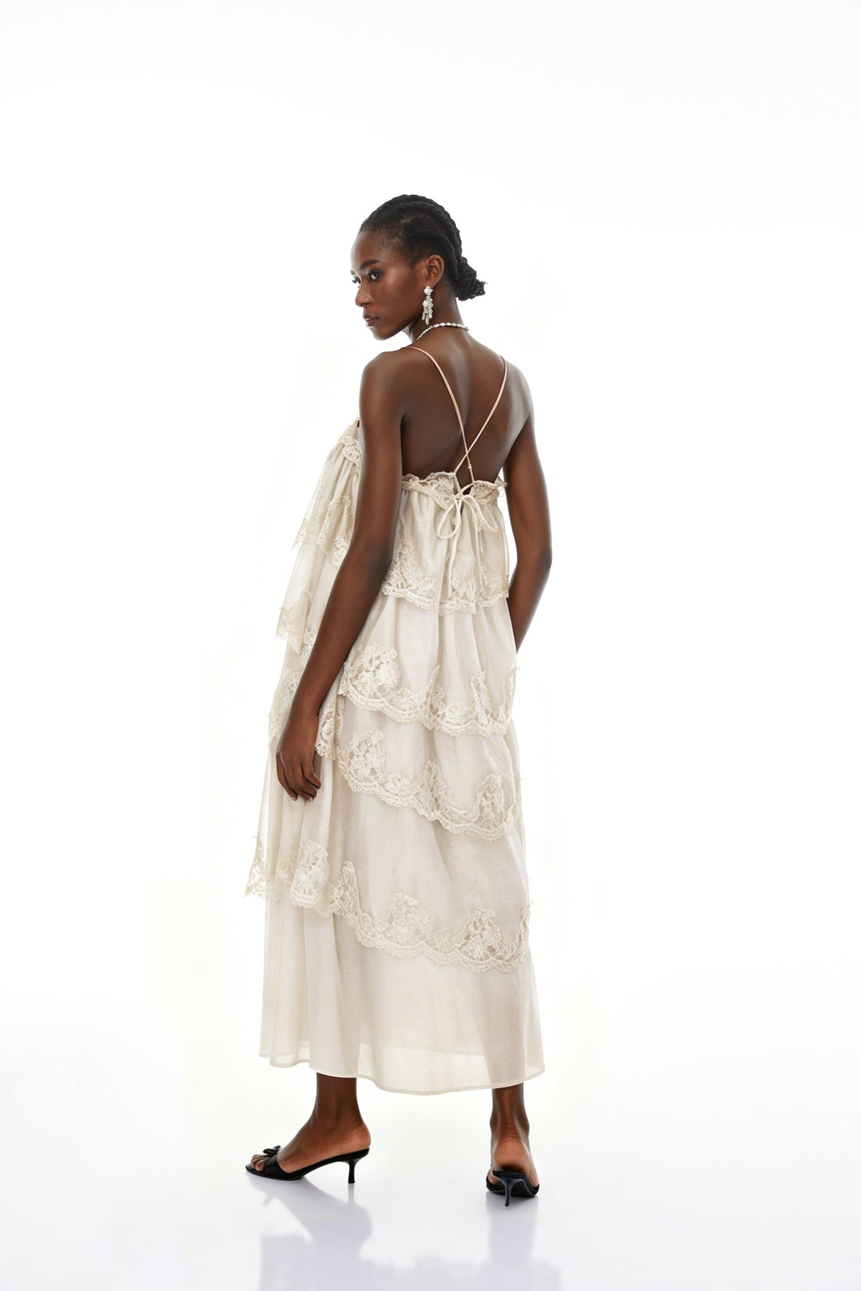 Aurohaya Rhema Cream White Tiered Maxi Dress with Lace Trim