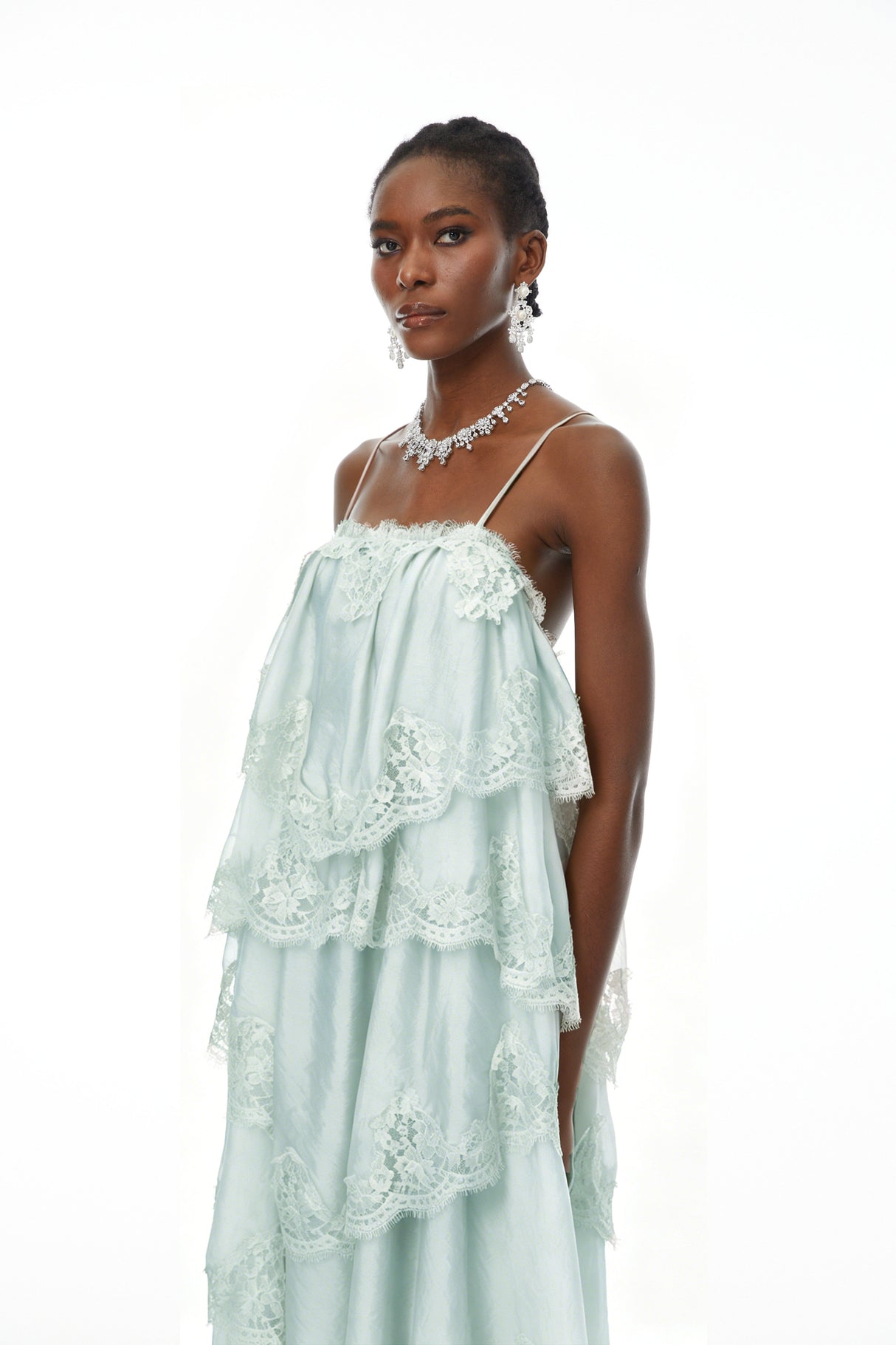 Aurohaya Rhema Mint Green Tiered Maxi Dress with Lace Trim