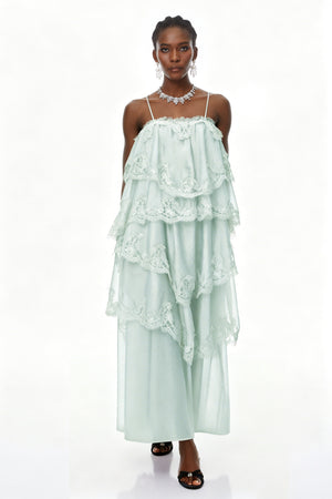 Aurohaya Rhema Mint Green Tiered Maxi Dress with Lace Trim