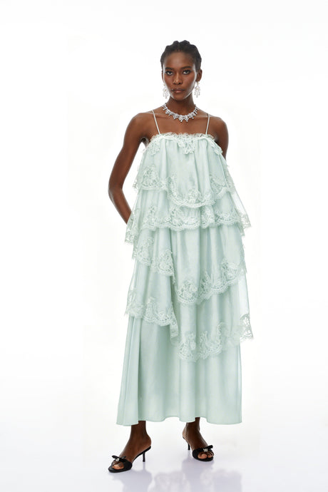 Aurohaya Rhema Mint Green Tiered Maxi Dress with Lace Trim